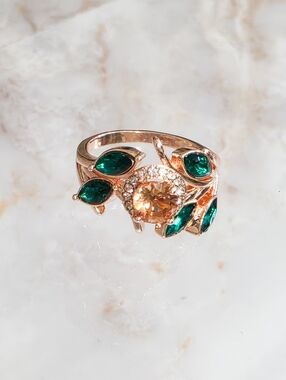 Rose Gold Leaf & Vine Ring Amber Citrine Center Green Marquise Size 7